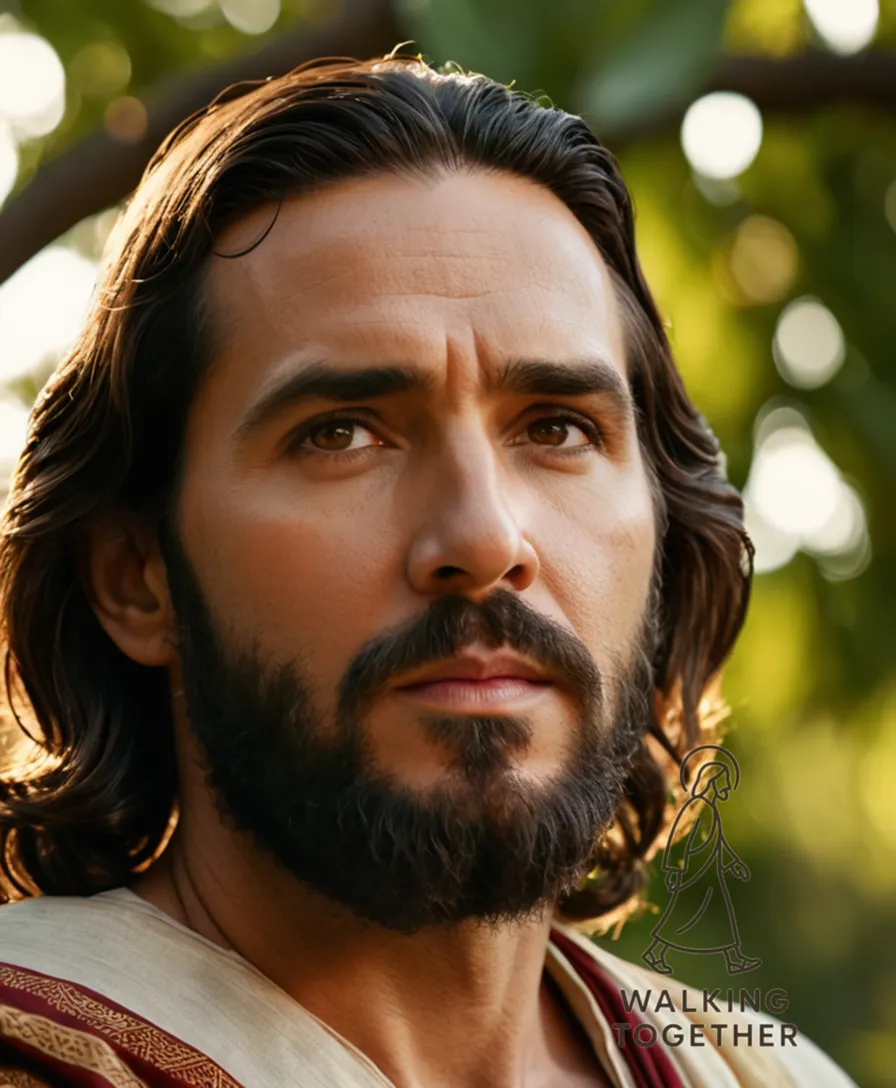 The image should show a majestic Jesus Christ standing at center, flanked by wise and bearded Abraham to his left and a sprawling tree of life above, with intricate Hebrew script detailing the genealogy woven around it in earthy tones and warm sunlight casting a gentle glow.