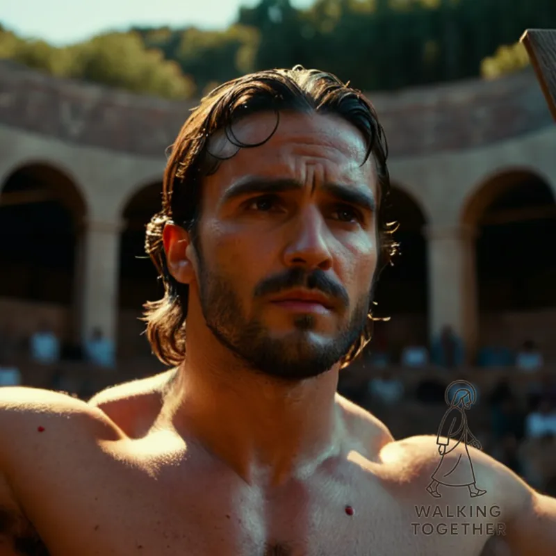 The image should show the crucified figure of Jesus Christ in a dimly lit Roman amphitheater at dusk, his weathered wooden cross looming behind him as he hangs lifeless, with tears streaming down from sunken eyes and a crimson stain spreading across his forehead like a badge of sacrifice.