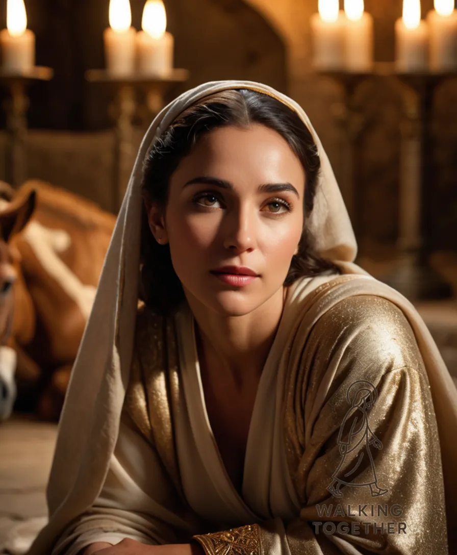 The image should show a serene and golden-lit Bethlehem night scene: Mary, kneeling on a stone stable floor in simple yet elegant robes, gently cradling Jesus in her arms, while Joseph looks on with a mixture of love and devotion behind them.