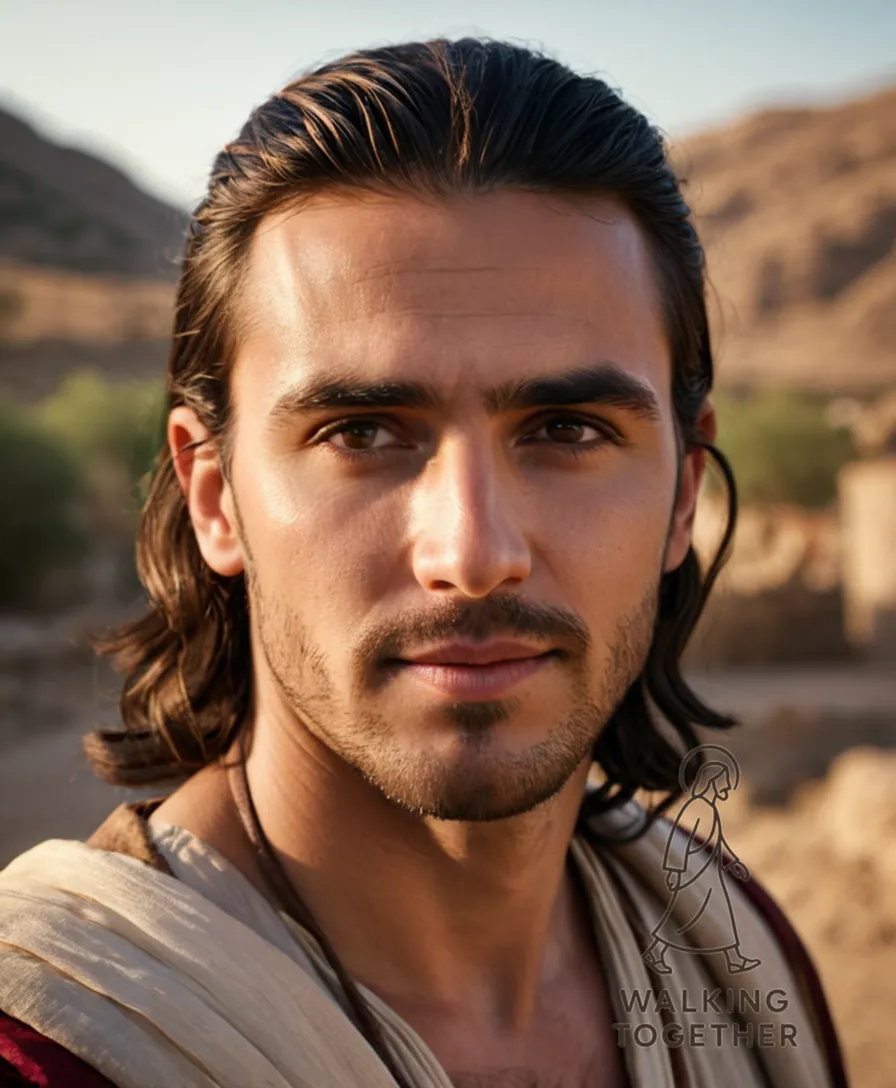 The image should show Jesus Christ standing in a rustic biblical landscape at sunset, his long, dark brown hair tied back, a gentle smile on his Middle Eastern-like face, wearing a traditional tunic, looking out at the viewer with compassion and authority.