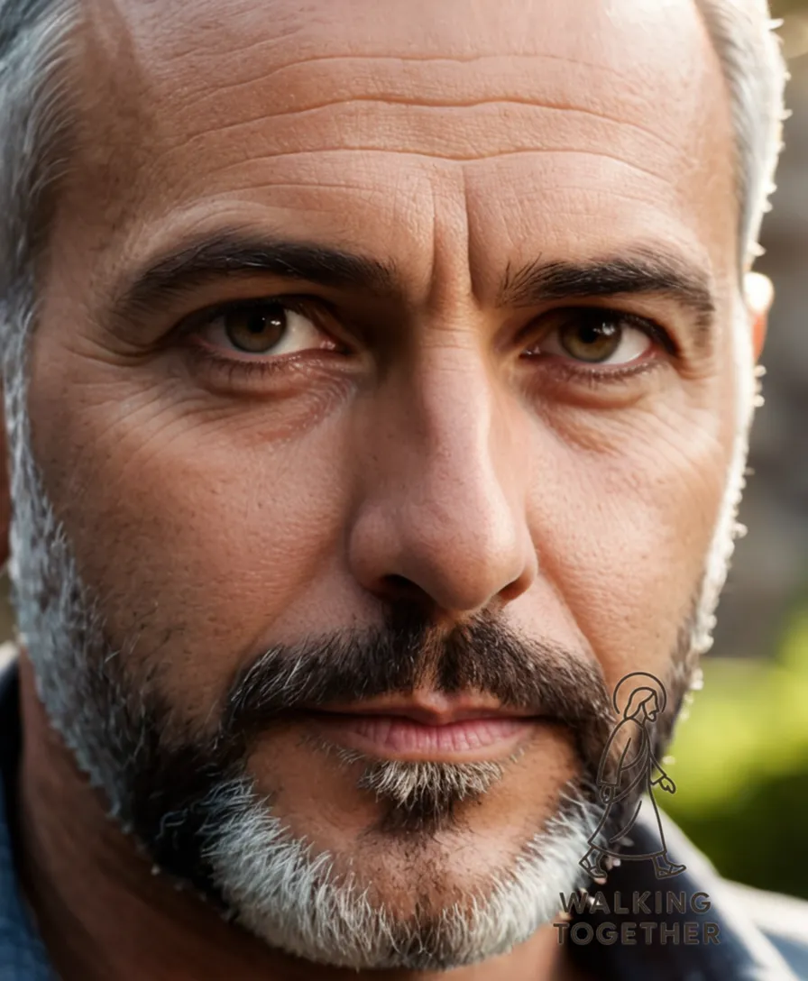 The image should show: A softly lit, older man in his late 30s to early 40s, with Middle Eastern features, including a rounded face, dark eyes, and a subtle hint of beard, standing in a simple yet tranquil garden surrounded by ancient stone walls, evoking an aura of timeless spirituality.