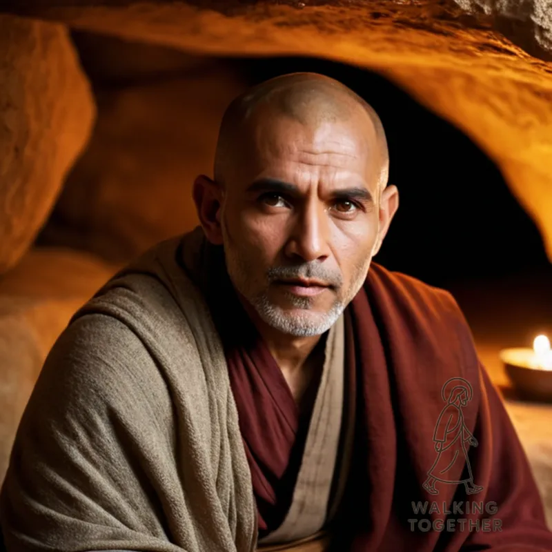 The image should show a serene monk seated in a dimly lit cave, surrounded by stone walls and faint candlelight, gently whispering the traditional Aramaic Jesus Prayer on his lips, while a nearby mindfulness journal lies open, revealing written notes and sketches of a peaceful desert landscape.