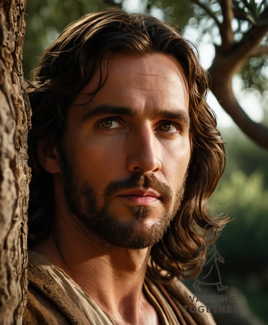 The image should show a serene and introspective depiction of Jesus standing alone in a moonlit garden, his right hand resting on the trunk of an ancient olive tree, his eyes cast downward as if lost in thought, with a gentle halo illuminating his weathered features.