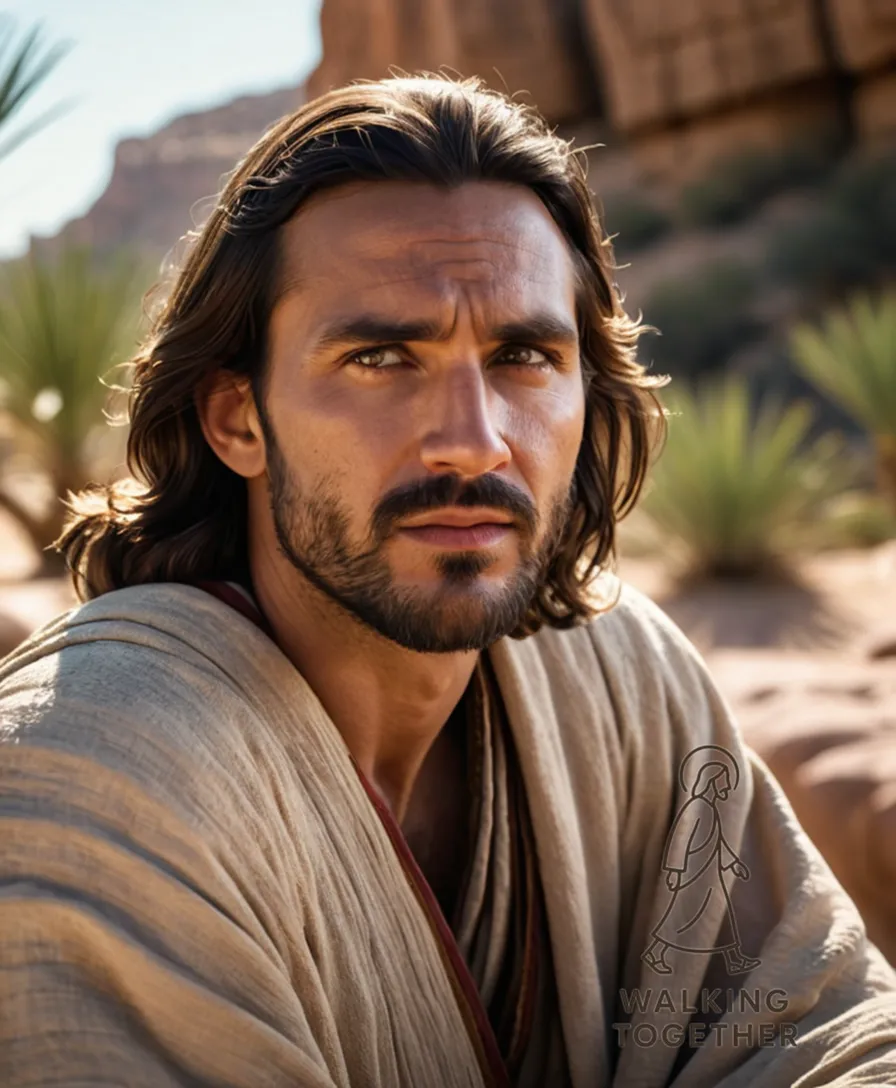 The image should show: Jesus Christ sitting atop a rocky outcropping in the desert wilderness, surrounded by sparse palm trees, worn sandstone formations looming behind Him under a mid-day sun, His weathered features and blood-dusted knees evoking a sense of humility and hardship from a worn robe.