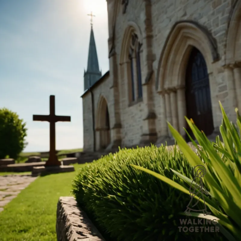 The image should show a majestic, rustic-stone Church of Jesus Christ Christian building situated on a serene, lush-green lawn against an overcast sky, its wooden sign creaking gently in the breeze, and a cross silhouetted dramatically atop the simple yet striking spire.