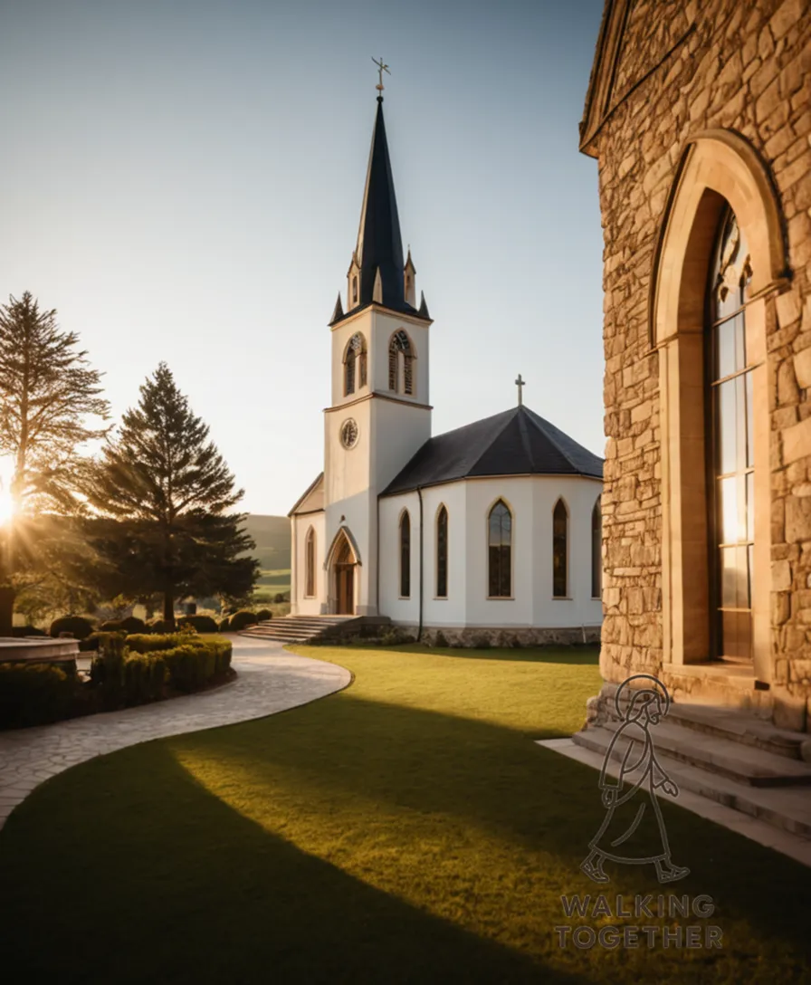 The image should show a grand, modernist church building with a central steeple rising above a peaceful suburban landscape, its cream-colored stone walls and rounded arches reflecting the late afternoon sun in a warm, inviting glow.