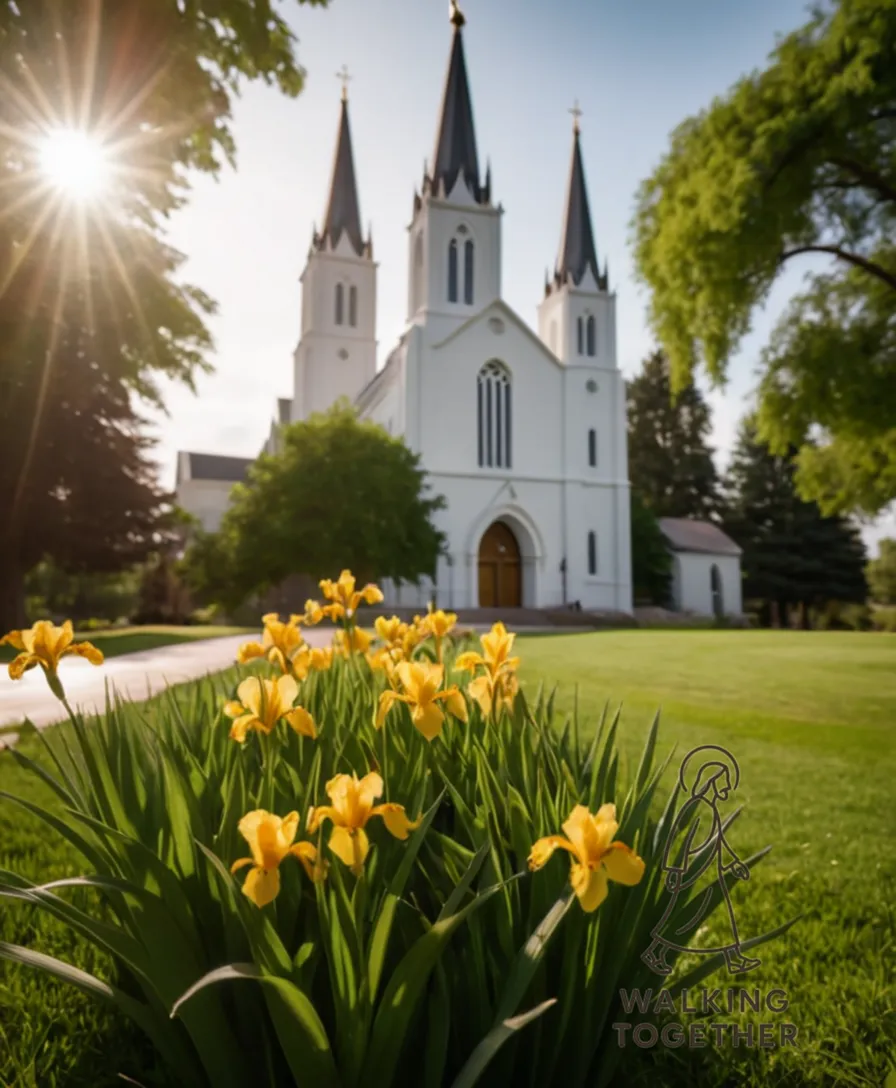 The image should show: A large, sprawling LDS Church building with a prominent spire rising above a lush surrounding greenbelt, complete with neatly manicured grass, vibrant flowers, and a sidewalk leading to the entrance of the church, bathed in warm morning light.