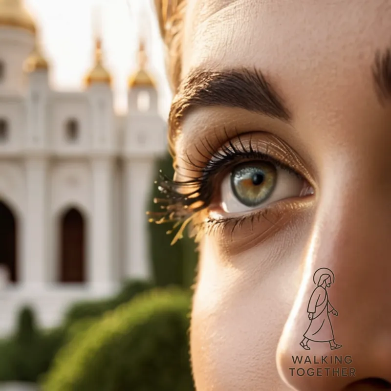 The image should show a large and inviting Latter-day Saint temple, with its iconic spires and gleaming golden angel Moroni statue prominently standing on the right side of the frame; in clear sunlight, subtle shadows accentuate the building's creamy white limestone façade and lush, intricately manicured gardens.
