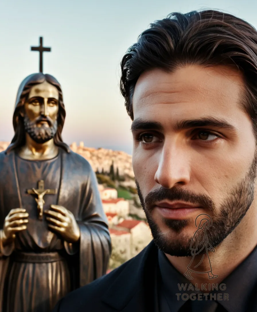 The image should show a serene and intimate moment of a traditionally dressed Orthodox Jewish man standing alongside a statue of a crucified Jesus Christ in a somber yet peaceful setting, surrounded by candles, stones, and a subtle Jerusalem cityscape, conveying the complexities of coexistence.