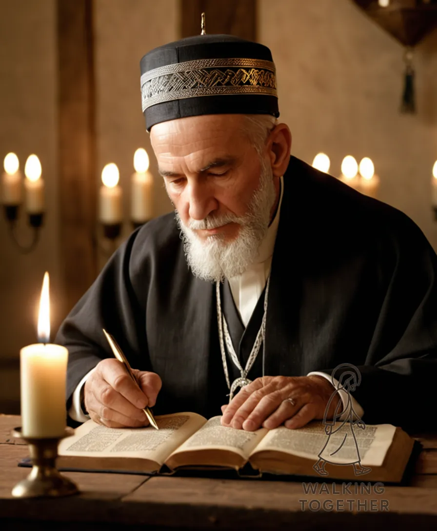 The image should show a sincere elderly Jewish man in traditional attire, including a kippah and tzitzit, sitting alone in a peaceful Shabbat evening setting, surrounded by flickering candles and a single open Chumash holy text on a worn wooden table, conveying contemplation.