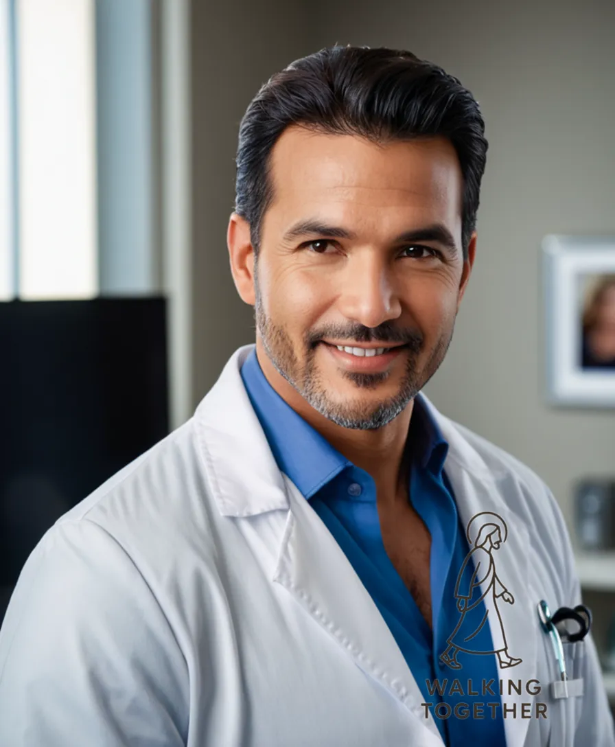 The image should show Dr. Jesus Beltran standing confidently in a clean and modern medical office, wearing a crisp white lab coat over his blue dress shirt, his dark hair subtly tousled, his warm smile directed at a patient off-camera amidst gentle morning light filtering through the window, emphasizing professionalism and caring.