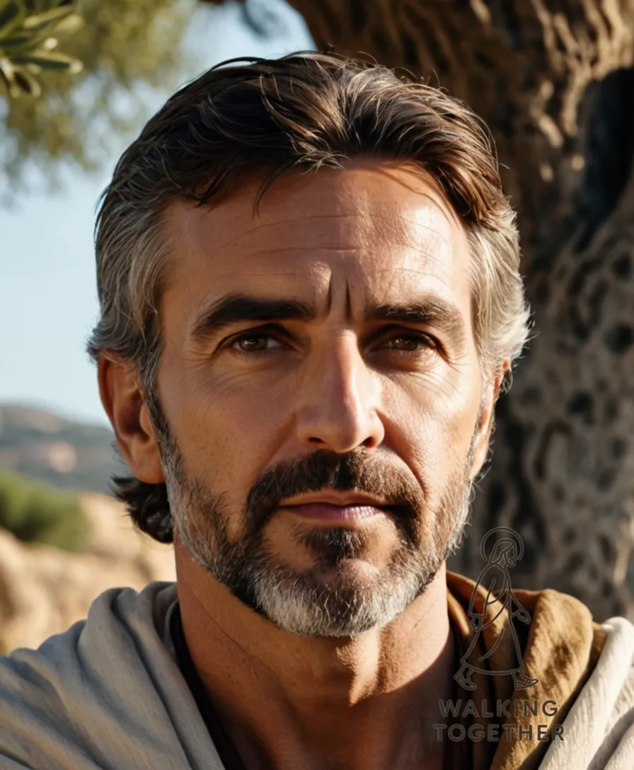 The image should show Jesus gently positioned in the shade of an ancient olive tree, his face radiating peace, as he leans on a worn stone pedestal adorned with delicate etchings, against a soft, blue-gray Mediterranean skyline at dawn, with warm golden light dancing across his robes.