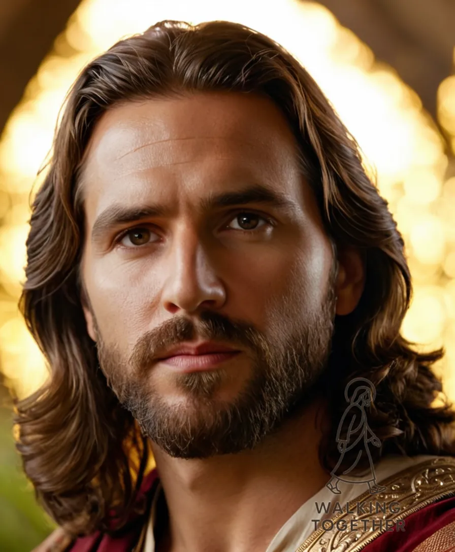 The image should show a majestic figure of Jesus emerging from a verdant biblical landscape, set against a warm golden light, his strong features and long brown hair illuminated by sunlight, standing amidst a stylized familial diagram of Old Testament figures surrounding him in reverence.