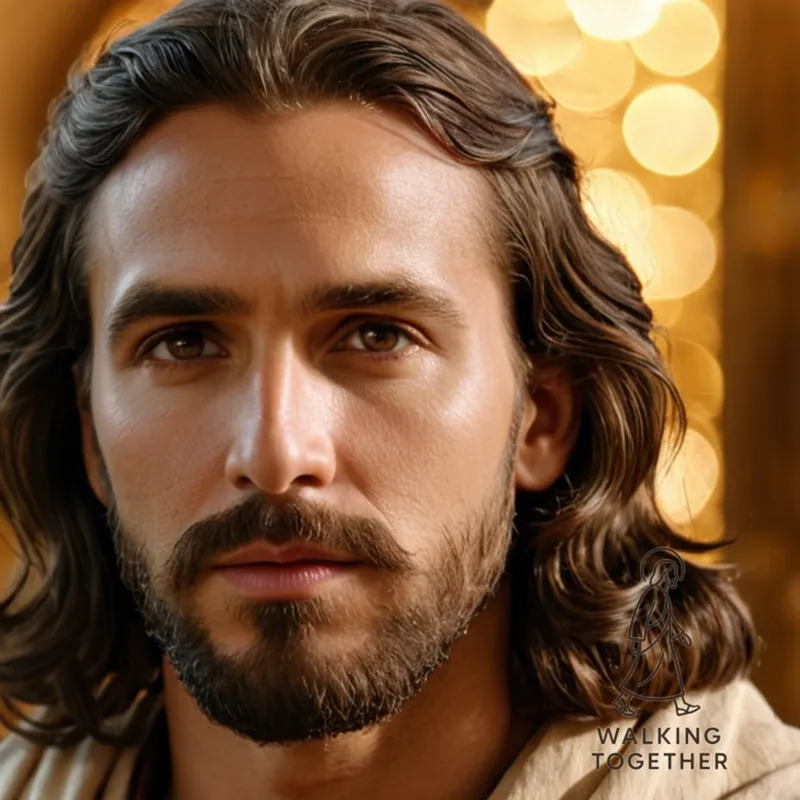 The image should show a serene and contemplative portrait of Jesus Christ, standing against a warm, golden background, with his eyes cast downward in reverence, his beard and hair rendered with natural textures, and his robes draping elegantly around him, as if emerging from the shadows of a first-century Judean landscape.