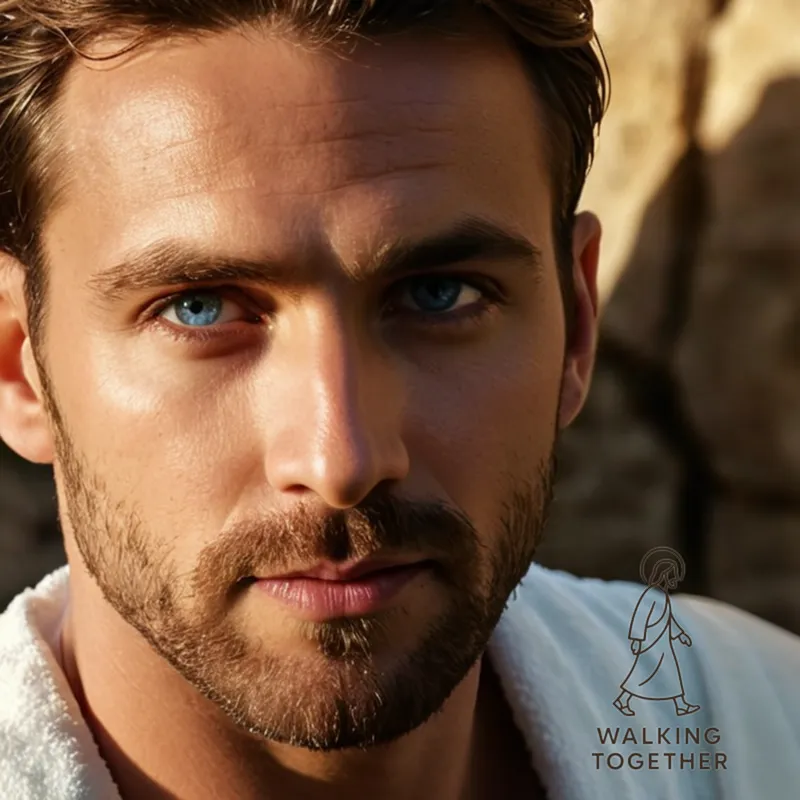 The image should show Jesus standing near a serene stone wall, bathed in warm sunlight with gentle shadows, dressed in a simple white robe with intricately woven seams, his piercing blue eyes fixed ahead with an aura of compassion and wisdom.