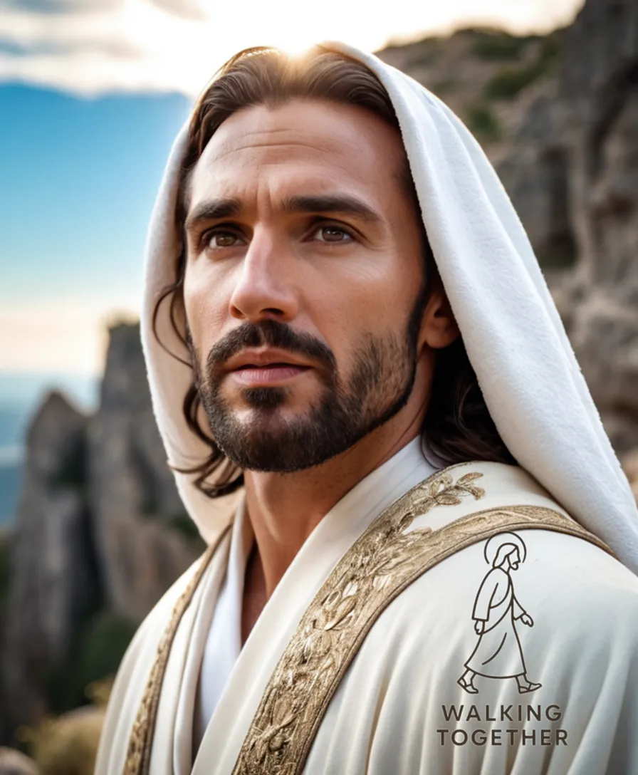 The image should show Jesus standing on a rocky hillside beneath a clear blue sky, His weathered face worn from concern, with piercing brown eyes gazing ahead as He grasps a worn wooden staff in one hand, His white robe billowing softly in the gentle breeze.