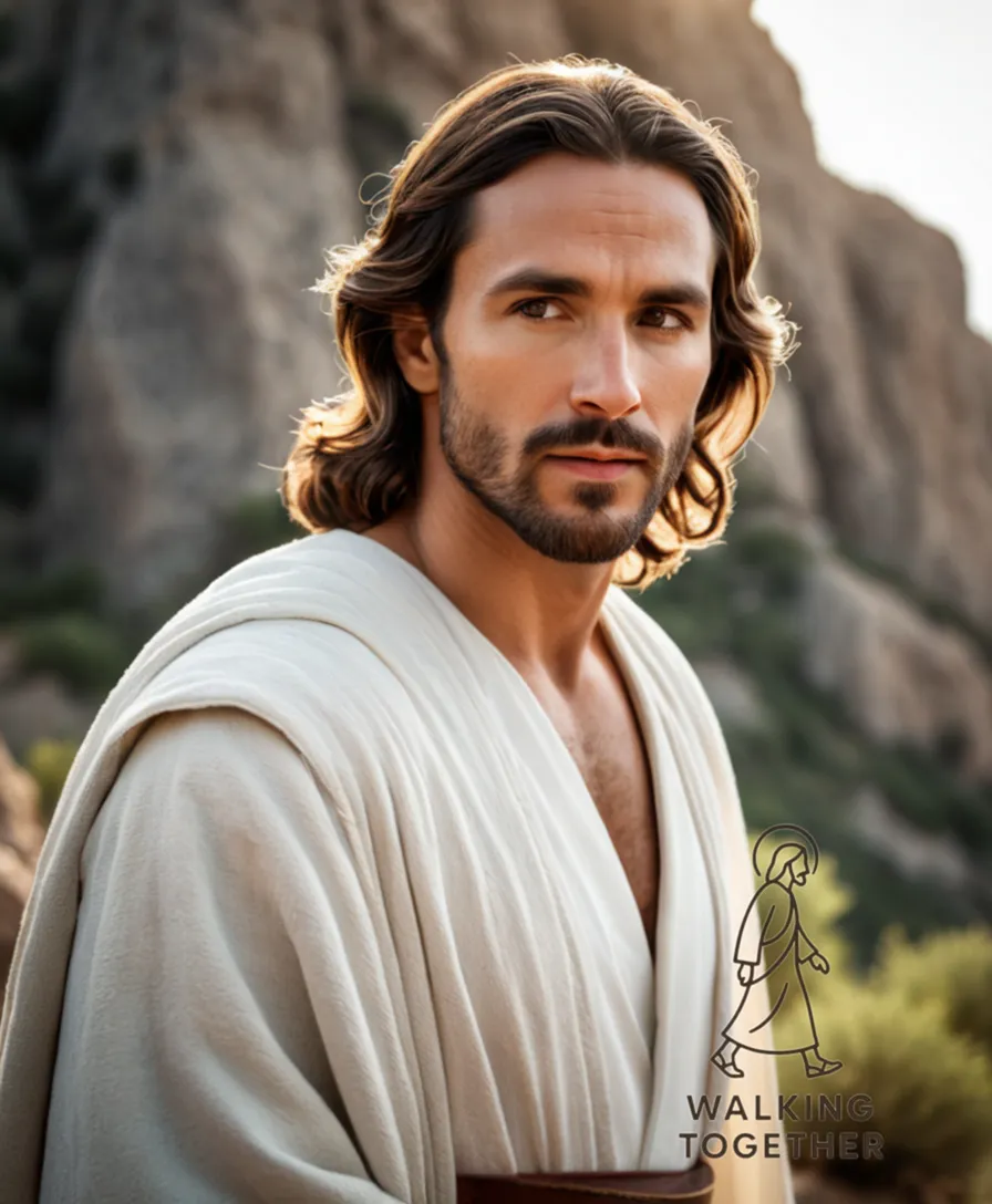The image should show a serene Jesus standing alone on a rugged rocky outcropping against a warm, sun-drenched Mediterranean hillside backdrop, His gentle eyes gazing downward in contemplative introspection as His white robe and brown sandals blend seamlessly into the natural surroundings.