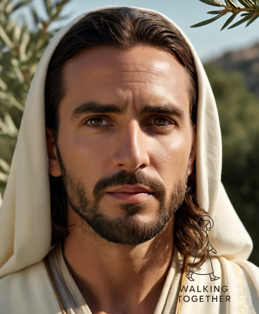 The image should show Jesus standing in a serene, moonlit garden, his gentle eyes directed downwards as if seeking connection with the viewer, his iconic white robe embroidered with subtle golden thread, set against a backdrop of twisted olive branches and glowing stone walls.