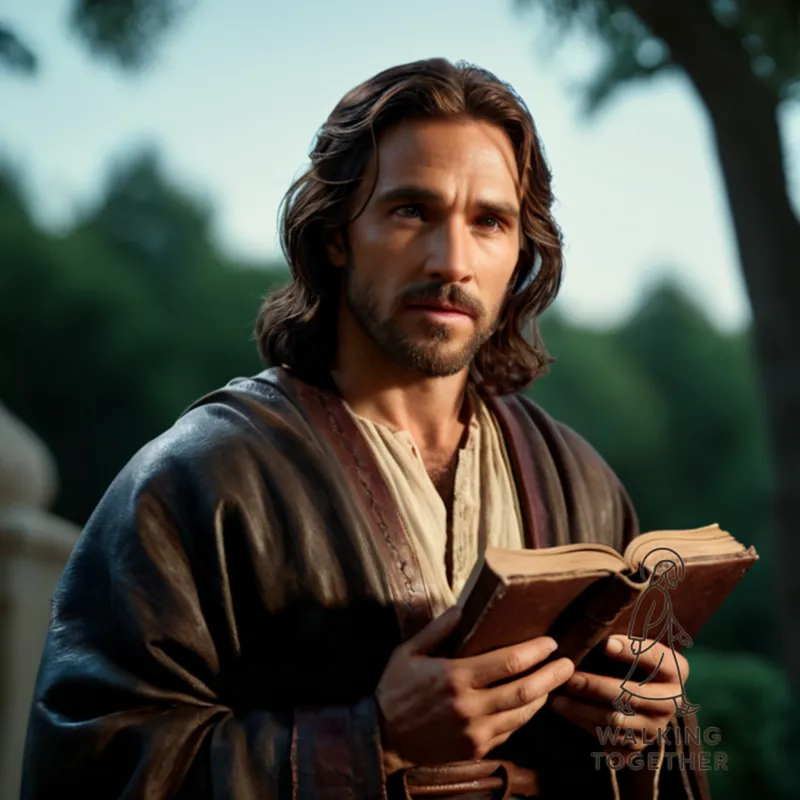 The image should show Jesus standing alone in a serene, moonlit garden during the Last Days of his earthly life, his gentle eyes looking upwards with an expression of calm confidence while subtly cradling a worn leather-bound scroll in his right hand against his chest.