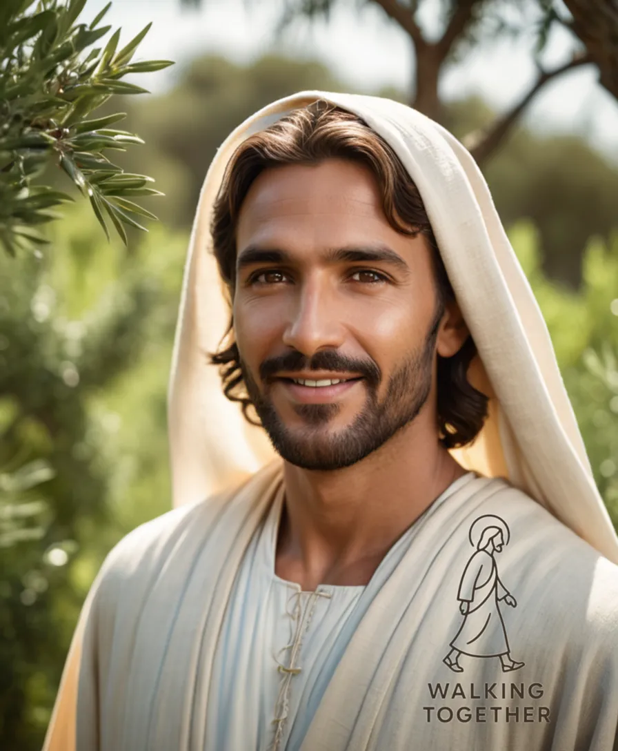 The image should show Jesus standing in a serene olive grove under a warm sunlight, his long robes gently blowing in the gentle breeze as he reaches out to touch a young girl's hand with a benevolent smile on his radiant face, surrounded by lush greenery.