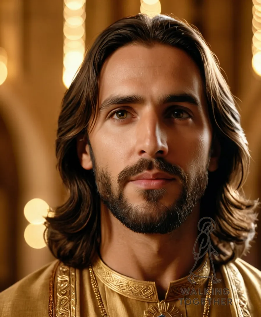The image should show a regal yet humble figure of Jesus standing in a dimly lit, golden-lit Jerusalem church, dressed in traditional First Century Jewish attire, with his gentle face and kind eyes radiating a serene aura as he gestures towards the heavens, where a subtle halo-like glow envelops God's majestic form.