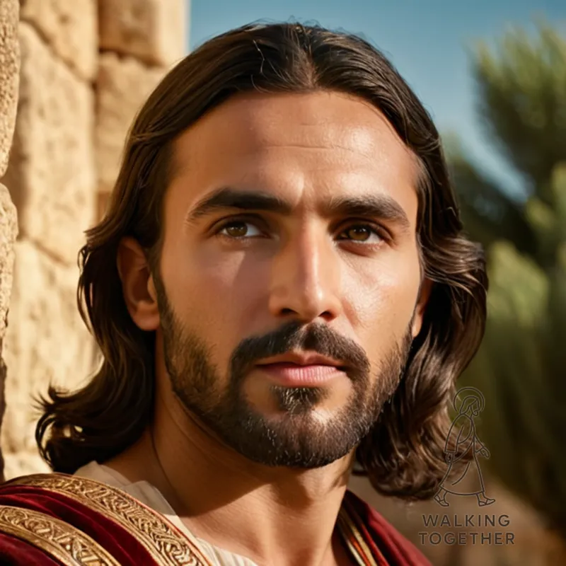 The image should show: Jesus, standing in a serene ancient Jewish setting, with sunlit stone buildings and olive trees in the background, gazing up towards a halo-like aura surrounding Him, His divine essence evident through subtle, yet unmistakable, shimmering around His human form.