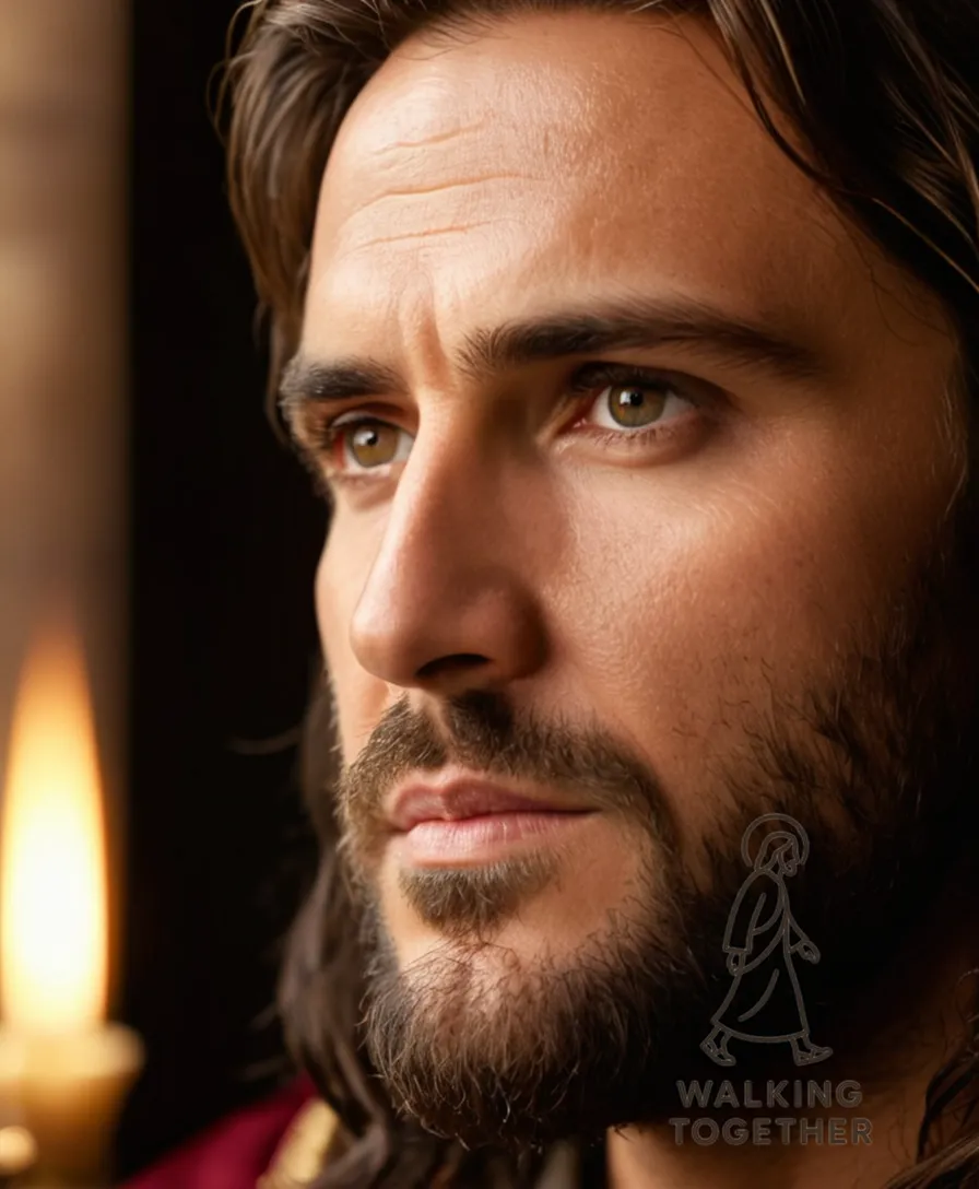 The image should show Jesus Christ standing in a dimly lit temple setting, illuminated by a faint beam of sunlight streaming through a stained glass window above; his gentle expression is surrounded by rich stone carvings depicting ancient Messianic scenes from the book of Isaiah.