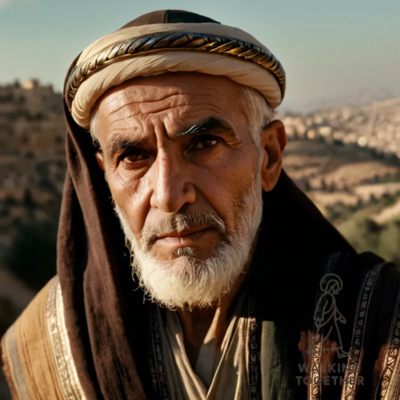 The image should show Isaiah, an elderly prophet with piercing brown eyes and weathered skin, dressed in traditional ancient Mesopotamian attire, standing on a rugged hillside overlooking a serene yet foreboding Jerusalem landscape at dusk, holding a staff and gazing steadfastly into the distance.