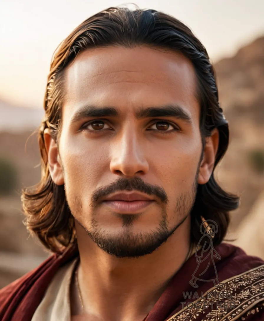 The image should show Jesus Christ standing in front of a simple, yet majestic background, his piercing brown eyes gazing upwards towards the sky as he wears a traditional Middle Eastern garment, a warm golden light emanating from behind him to emphasize hope and serenity.
