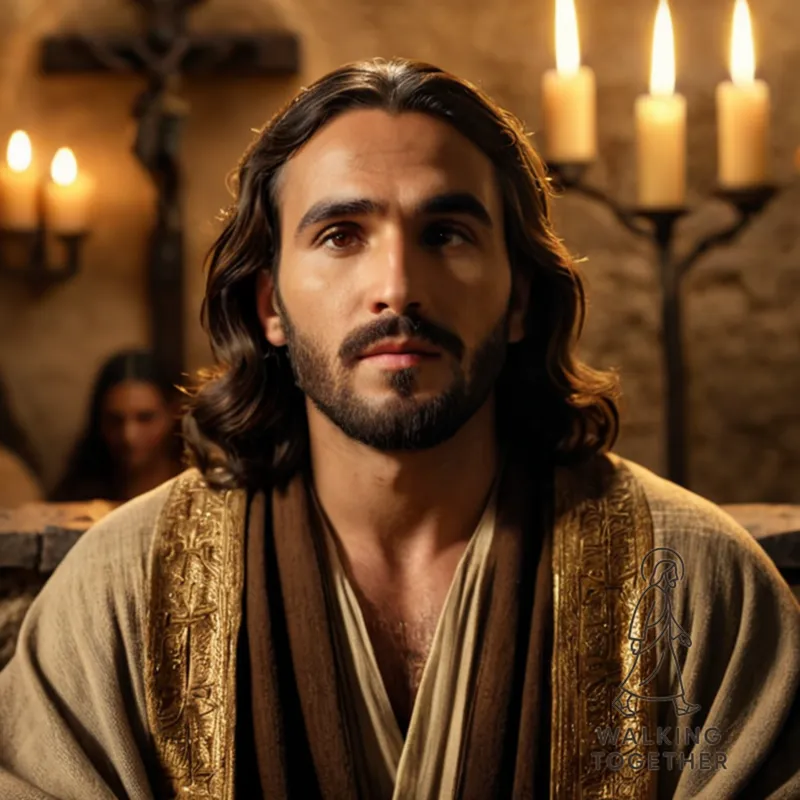 The image should show Jesus Christ sitting in a humble, stone-walled Nazareth tavern setting, surrounded by warm candlelight and a gentle outdoor glow at dusk, wearing worn, earth-toned robes, his strong features illuminated by a golden halo, while an inscribed wooden plaque with ancient Hebrew lettering appears beside him.