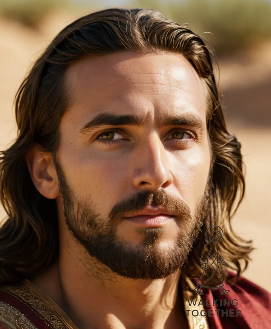 The image should show Jesus Christ standing firm in the foreground, his gentle expression softened by warm sunlight casting a golden glow on his iconic bearded face and robes, surrounded by lush greenery of a serene biblical desert landscape.