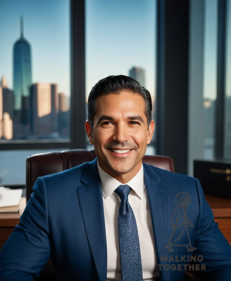 The image should show Jesus Gonzalez, a mid-40s attorney with a professional smile, sitting confidently in his office chair behind a minimalist wooden desk, with a city skyline through a large window in the background, and a few select family law books stacked neatly on a shelf beside him.