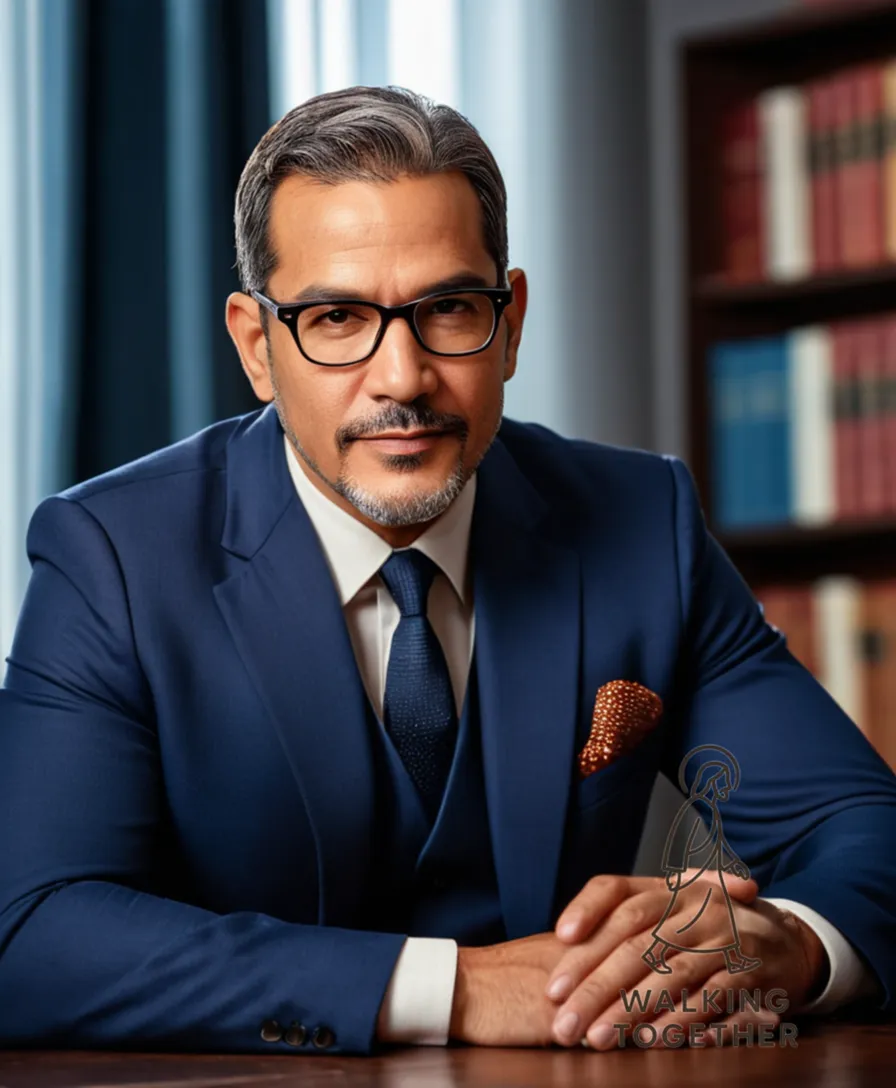 The image shows Jesus Gonzalez, a middle-aged man of Hispanic descent with a gentle features and bespectacled gaze, dressed in a tailored navy blue suit and seated confidently behind a polished wooden desk, surrounded by books and family law diplomas in a warm and inviting office setting.