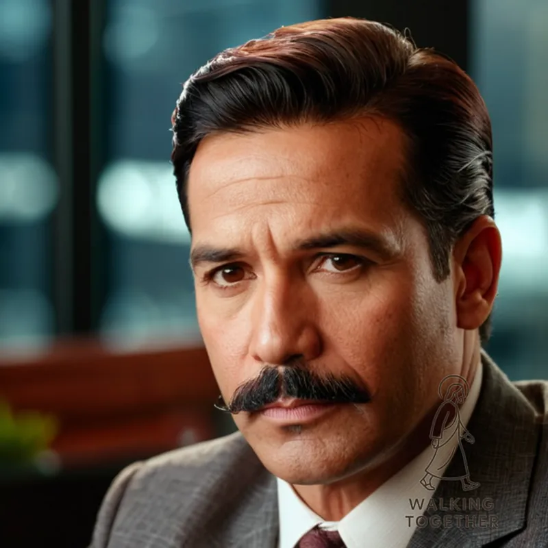 The image should show Jesus Gonzalez, a middle-aged man of Latinx descent with a distinguished mustache and piercing brown eyes, seated confidently behind his large mahogany desk in a tastefully decorated office with a subtle cityscape view outside the floor-to-ceiling windows.