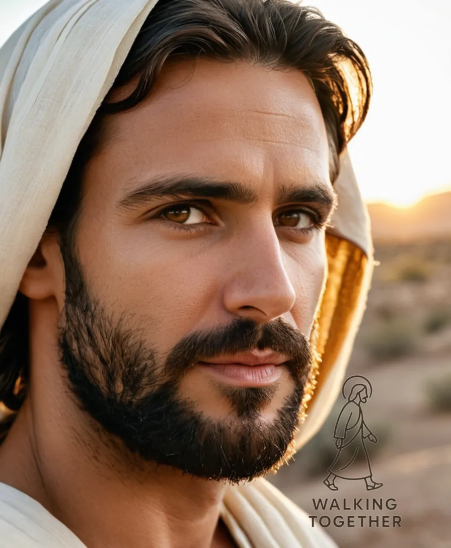 The image should show Jesus standing in profile, facing away from the viewer, his worn leather sandals firmly grounded in dry desert earth, his white toga billowing slightly in a soft breeze as he gazes out towards a distant Jordan River, his tunic-covered torso and bearded face illuminated by warm, golden sunlight.