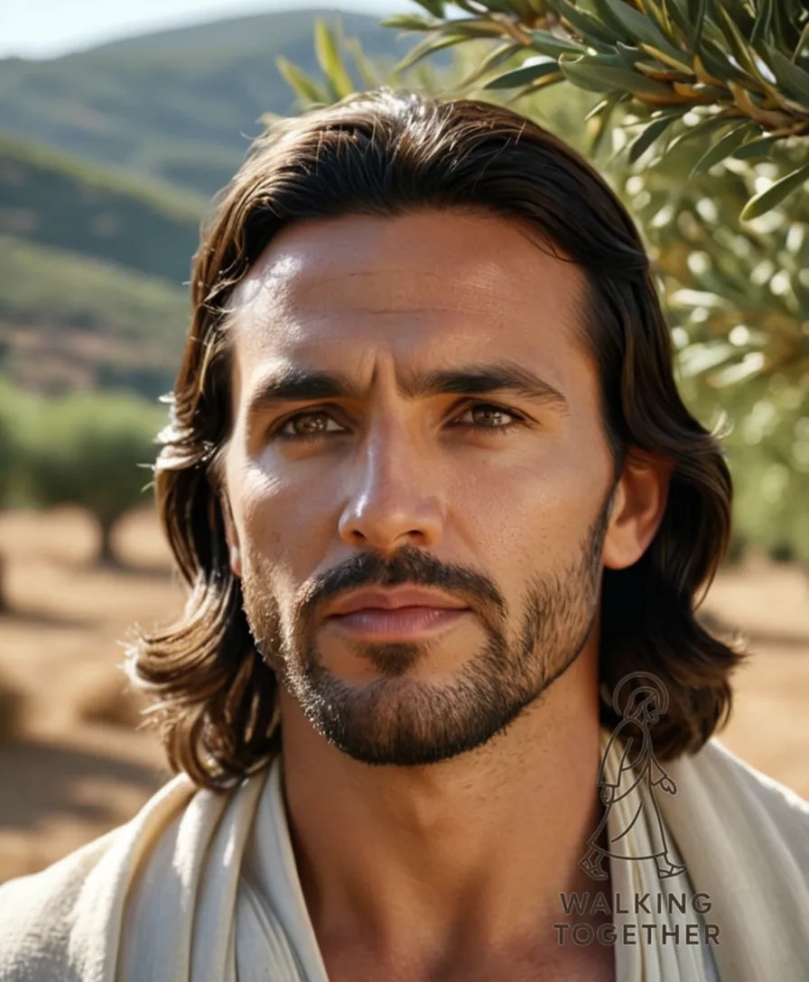 The image should show: Jesus standing in the midst of a sunlit Mediterranean hillscape, his face bathed in warmth, with eyes cast upwards towards heaven, hands clasped together in a gesture of prayer or supplication, against a backdrop of dusty olive trees and distant rolling hills.