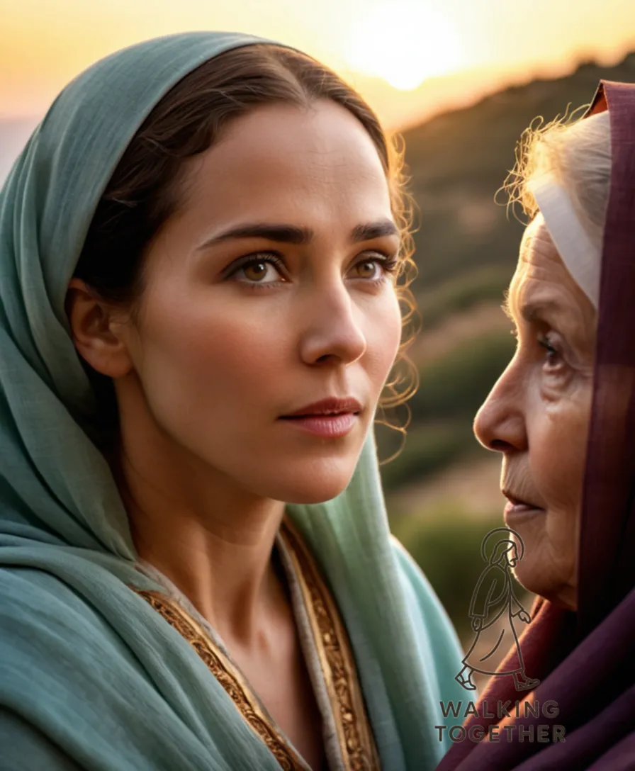 The image should show Jesus walking towards an elderly woman in a simple yet serene Mediterranean hillside landscape at dusk, his gentle face illuminated by the warm glow of late sunlight, his robes and tunic intricately woven and worn, as he reassures her of hope with outstretched hand.