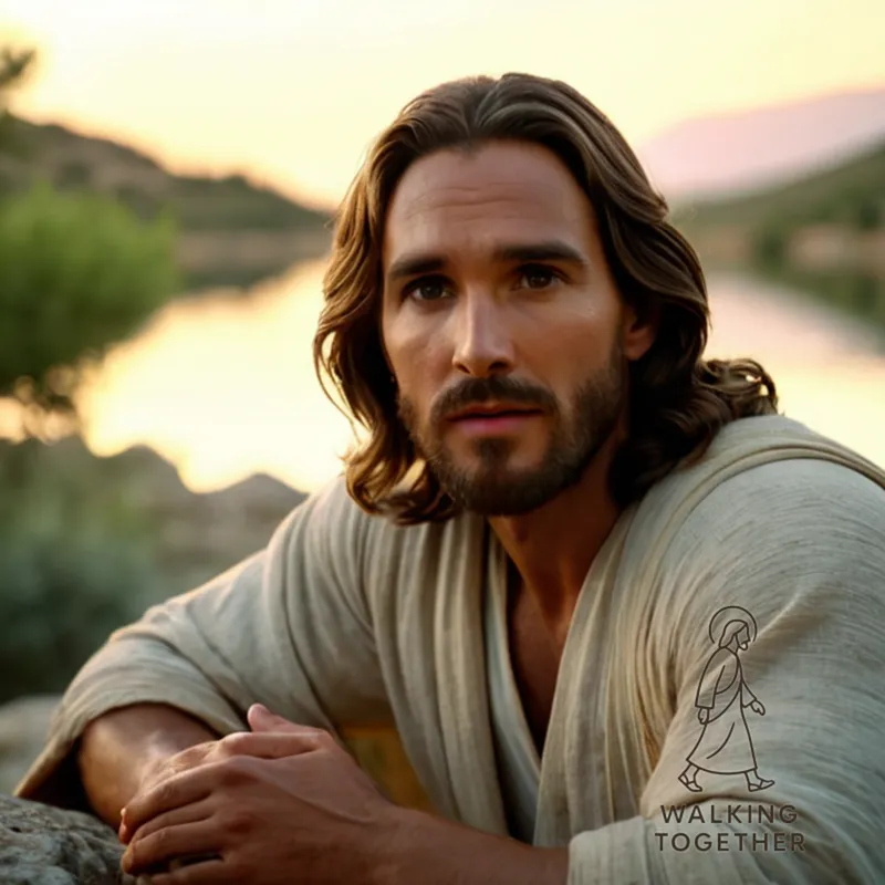 The image should show a serene illustration of Jesus sitting on a rock overlooking a tranquil lake at dawn, his gentle face illuminated by soft morning light as he gestures to scripture in hand, surrounded by lush olive trees and a hint of ancient stone structures in the distance.