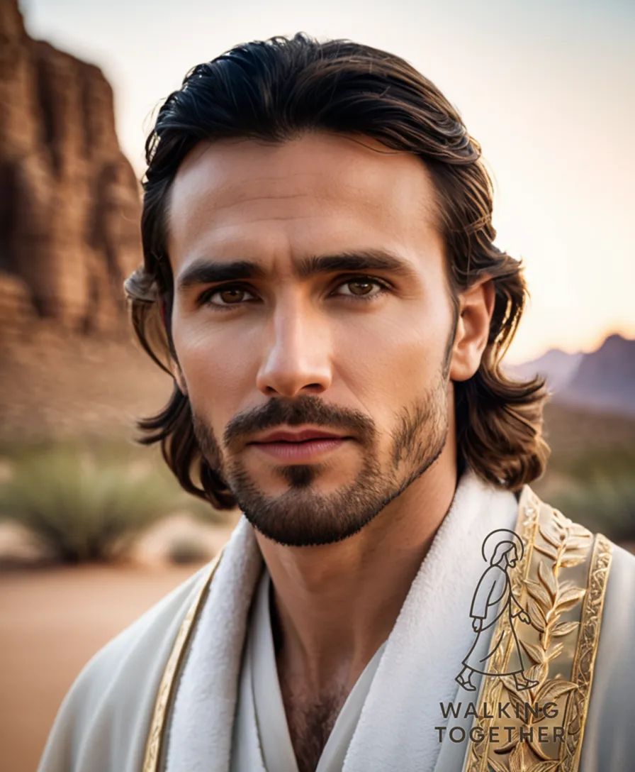 The image should show Jesus standing amidst a serene desert landscape with rugged rock formations in the background, his gentle eyes and compassionate face surrounded by subtle desert hues, wearing a white robe with a golden sash at the waist, his right hand holding a slender branch.