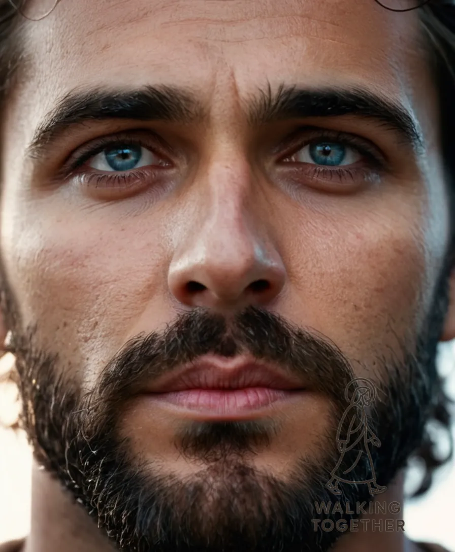 The image should show Jesus Christ naked and battered on the cross, his body suspended crucified as a vivid dark cross bears testament to the stark, yet serene expression beneath him, his hands nailed through wrists, against a subtle blend of blue sky and cloudy heaven.