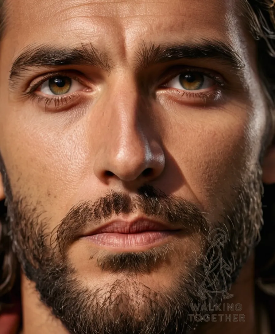 The image should show a solemn and majestic portrait of Jesus Christ nailed to a wooden crucifix, his tanned skin battered and bruised, set against a serene background of a Judean hillside at dusk, with a halo subtly illuminated by fading sunlight that casts long shadows around him.