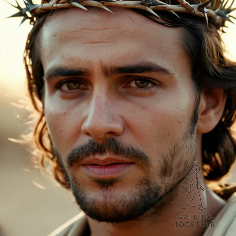 The image should show Jesus, dressed in a tunica and himation, hanging lifeless on a sturdy wooden cross set against a dimly lit background of a sandy terrain, with his pale skin glistening with sweat and tears, and a crown of thorns positioned atop the forehead.