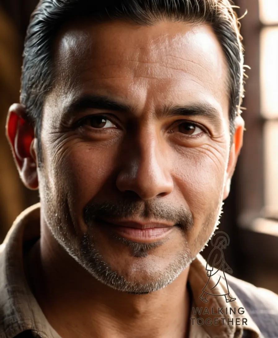 The image should show Jesus Pinedo standing in his rustic Mexico City studio, backlit by warm sunlight through a grimy window, his rugged, calloused hands cradling a worn leather camera case as a subtle smile hints at the inner strength and resilience etched on his weathered face.