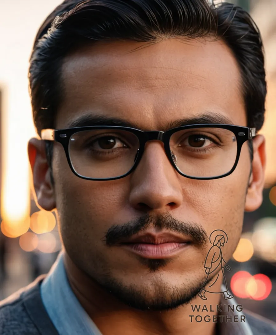 The image should show Jesus Pinedo standing confidently in front of a gritty urban backdrop, his dark eyes gazing out from beneath thick, black-rimmed glasses, as he holds a worn, silver Canon camera loosely at his side against the warm glow of a Mexico City evening.