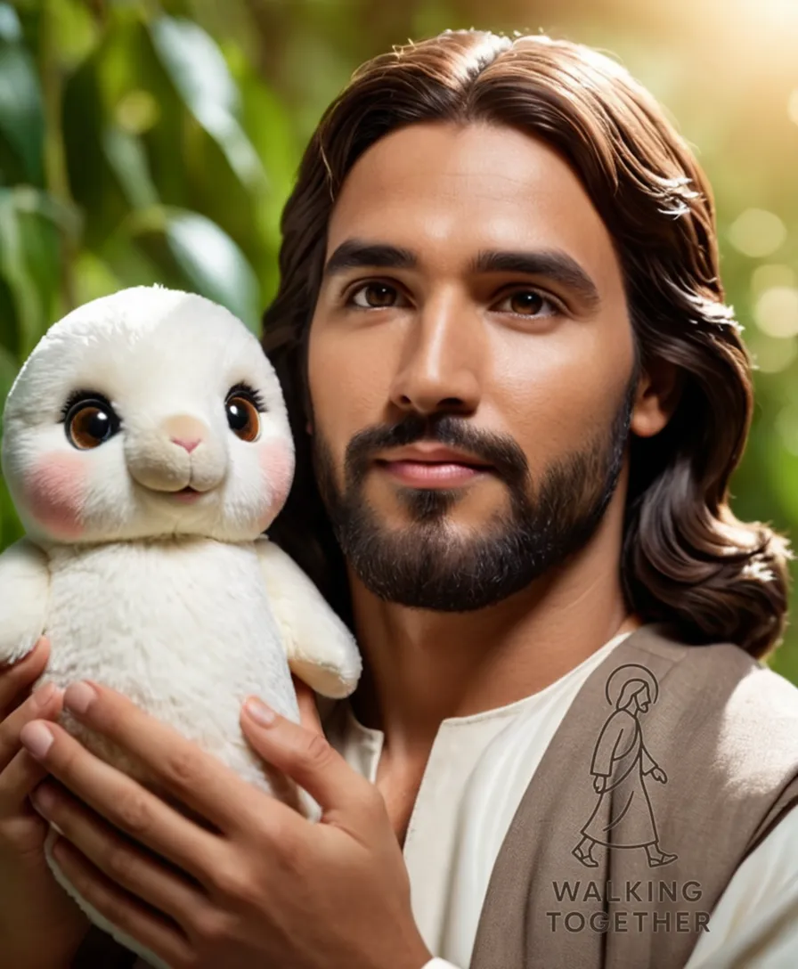 The image should show a cluster of soft, cuddly Jesus plush toys in various poses, surrounded by calming greenery, with one plush figure gently cradling a Bible in its oversized hands, set against a pastel-colored background evoking warmth and serenity.