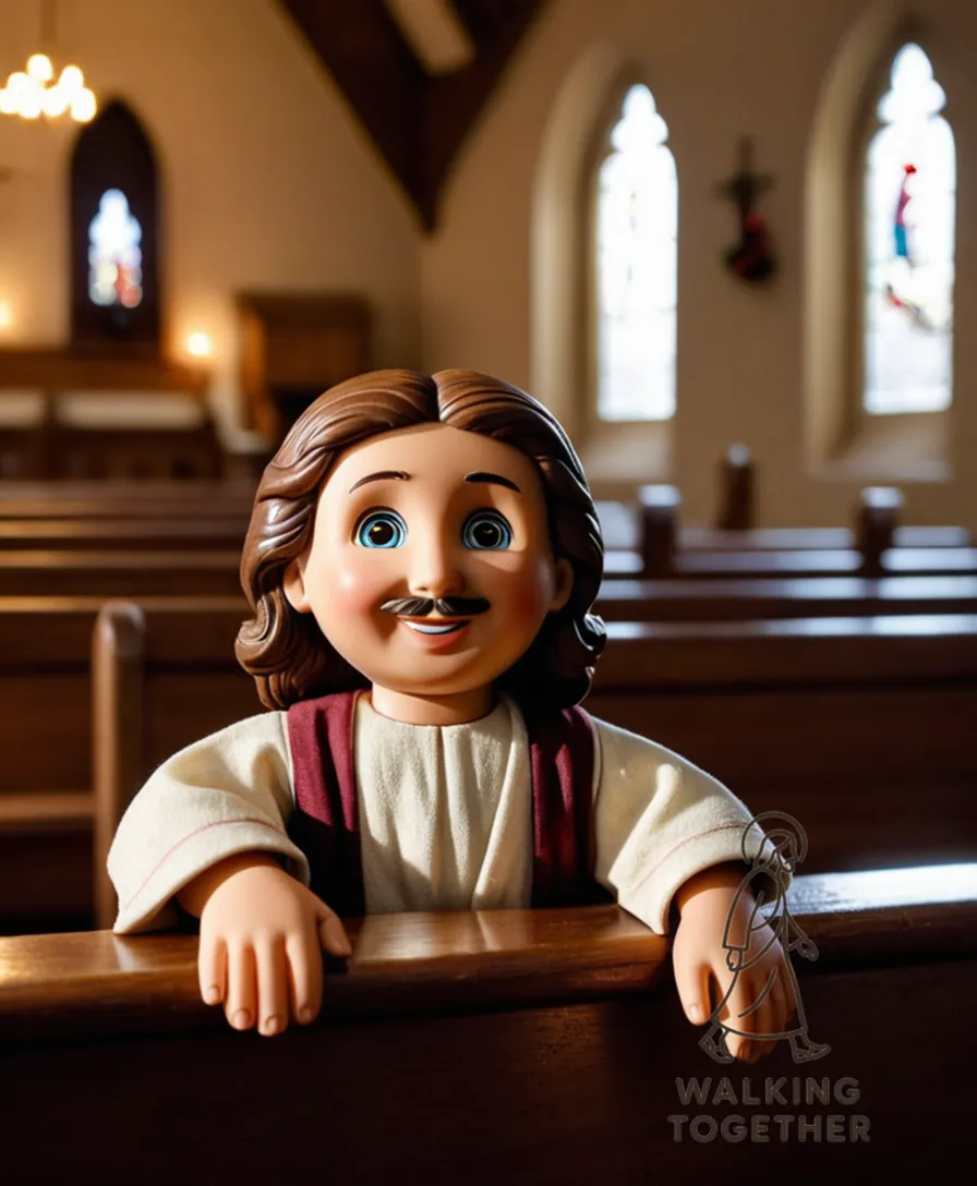 The image should show a delicate, handmade Jesus plush toy sitting in repose on a worn wooden pew, softly illuminated by a warm church window glow, its stitched smile and gentle folds of fabric imbuing a sense of compassionate presence amidst the tranquil sanctuary atmosphere.