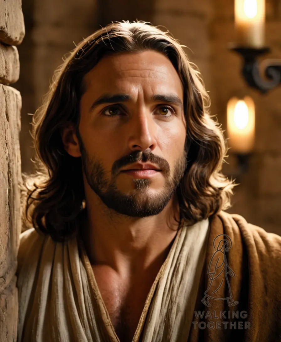 The image should show: A majestic figure of Jesus Christ stands at the forefront, surrounded by ancient stone walls and arched windows, his hands resting on a worn leather-bound Bible, with warm golden light illuminating his peaceful yet resolute expression in the midst of a simple yet elegant study setting.
