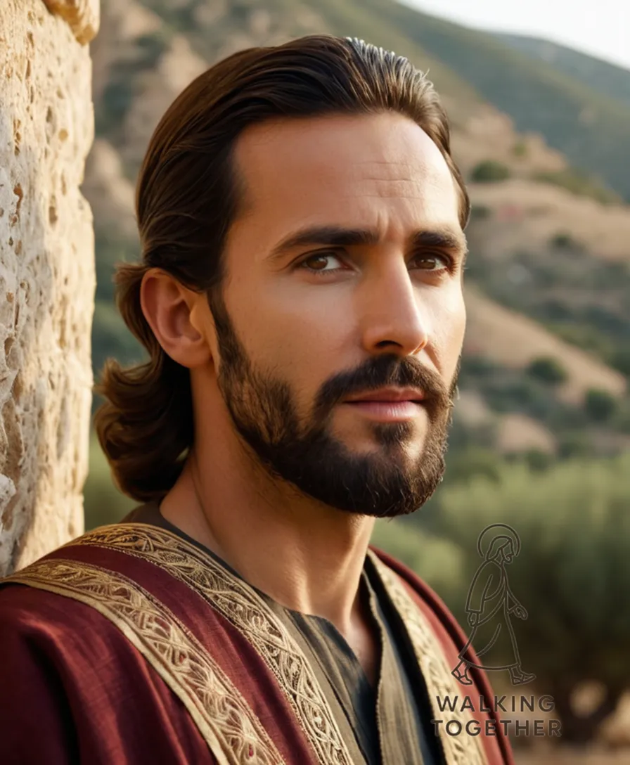 The image should show Jesus standing in a serene landscape, illuminated by soft golden light casting gentle shadows on his bearded face, dressed in a traditional Middle Eastern tunic, gazing upwards as if addressing an unseen gathering amidst lush green mountains and olive tree-filled hillsides.