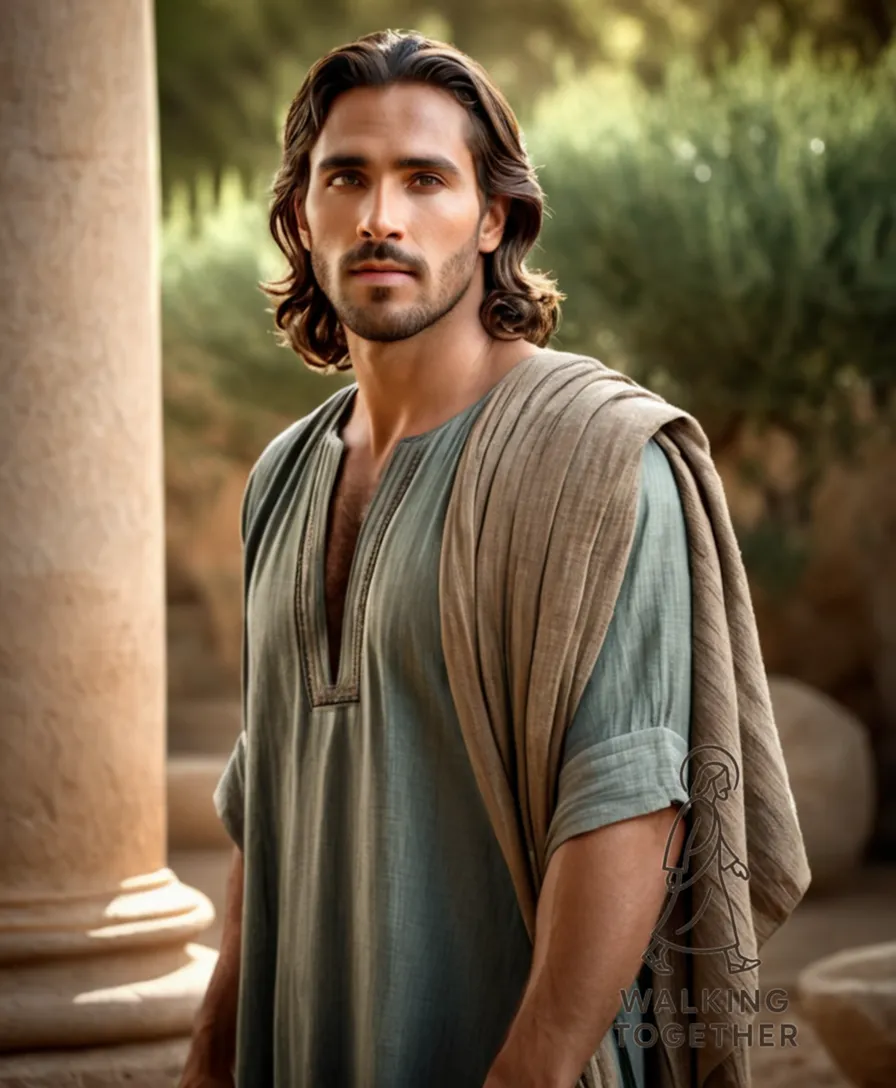 The image should show Jesus standing in front of a serene stone façade, his eyes gazing upward with a gentle, benevolent expression, amidst a soft focus background of olive trees swaying in the breeze, worn leather sandals on his feet and a simple yet elegant tunic draped across his torso.