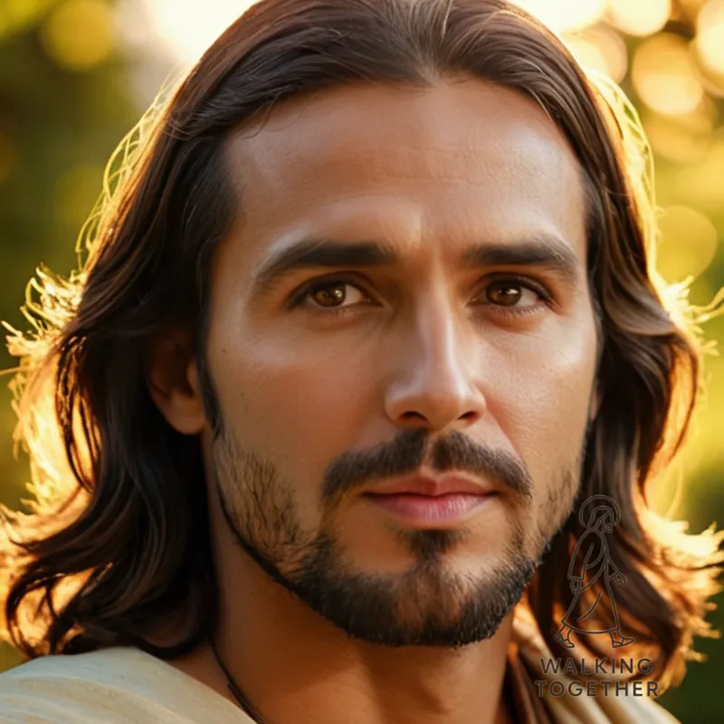 The image should show a serene and benevolent Jesus Christ standing at the center of a peaceful garden, surrounded by lush olive trees, his gentle expression a testament to the love he embodies, as he extends one hand in a gesture of unity and compassion, amidst warm golden light.